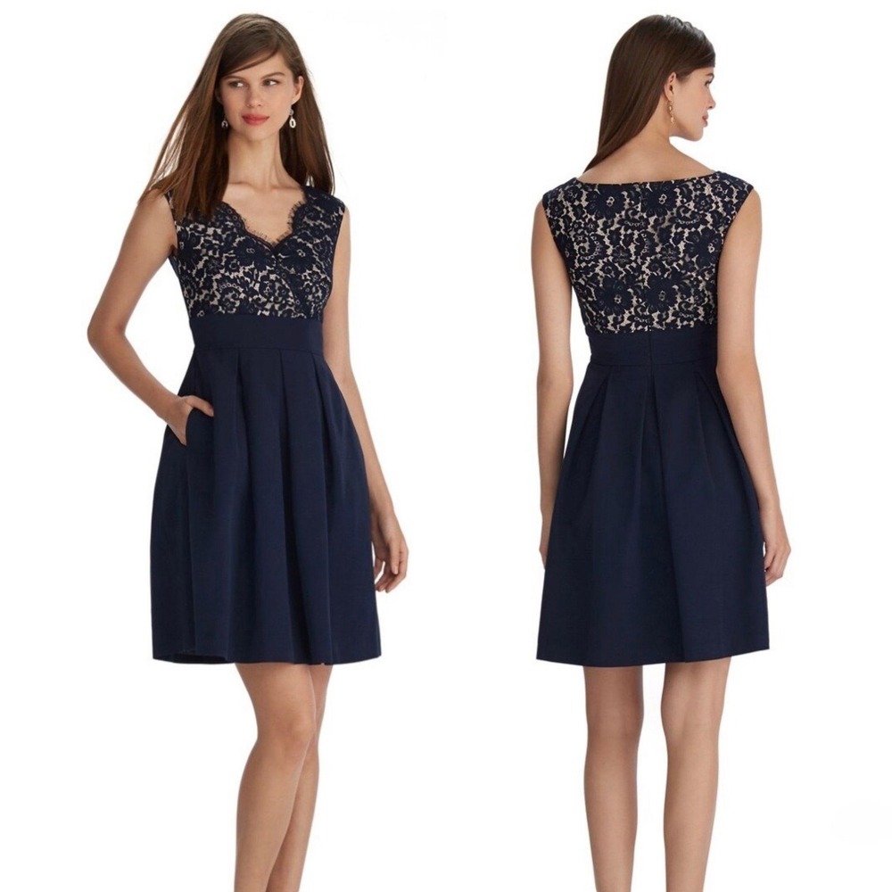 White House Black Market Navy Blue Lace Sleeveless Pleated Dress Size 8
